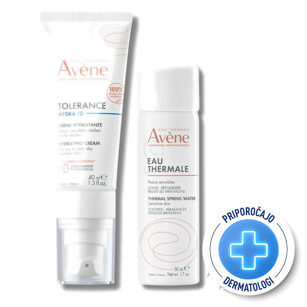Avene, paket za nego suhe kože - Tolerance Hydra 10 krema in termalna voda (40 ml + 50 ml)