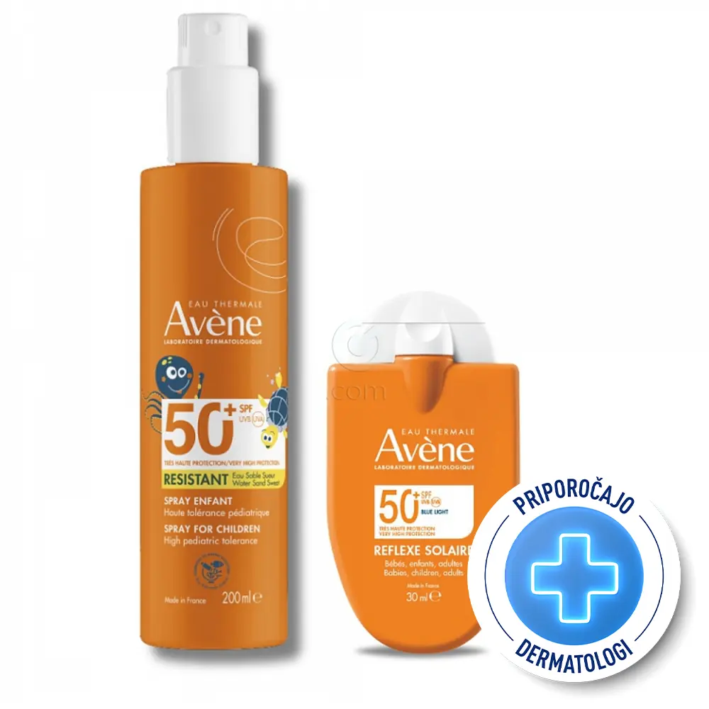 Avene Sun, paket - otroško pršilo ZF50+ in Reflexe Solaire emulzija ZF50+ (200 ml + 30 ml)