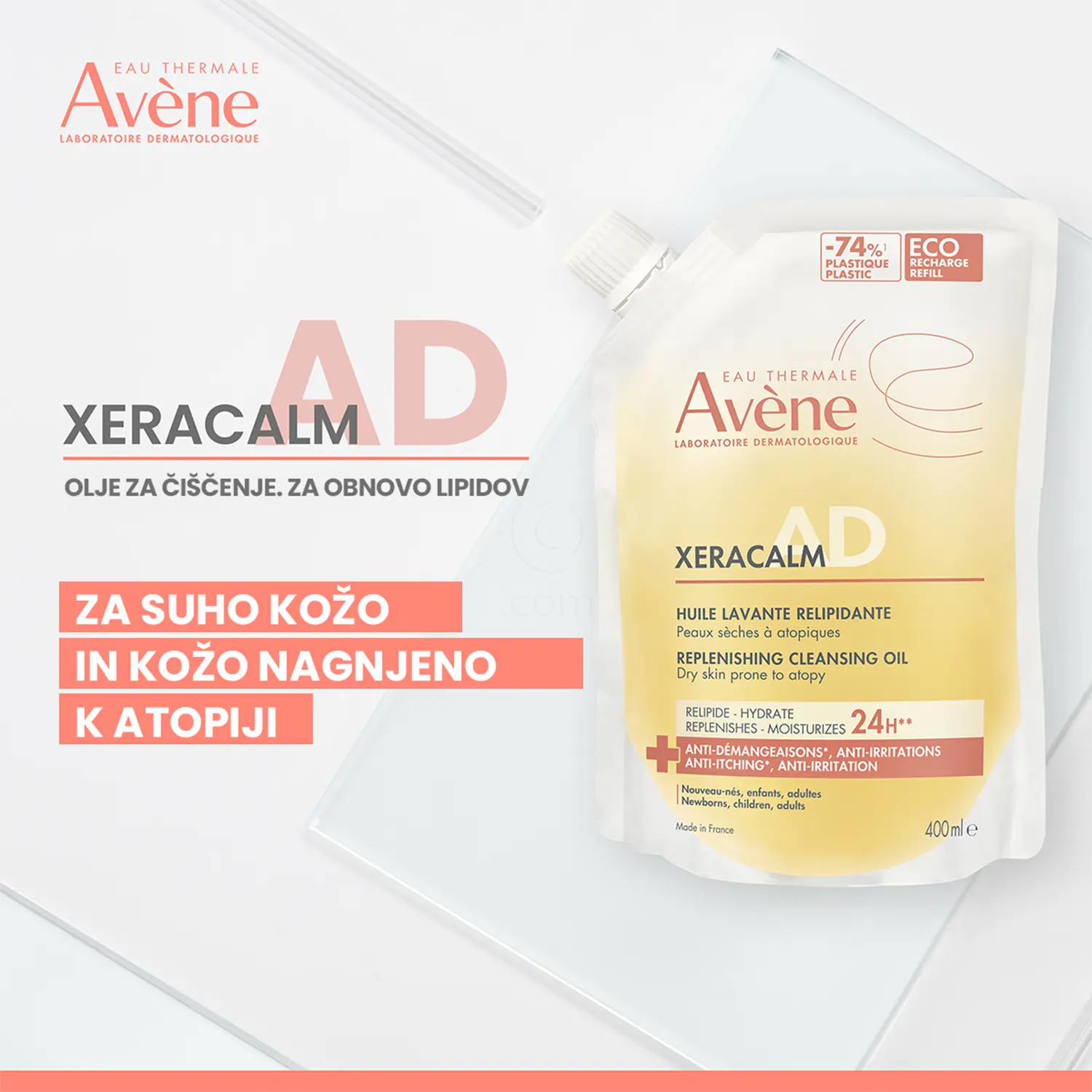 Avene XeraCalm A.D, relipidirajoče olje za čiščenje  - Refill (400 ml)