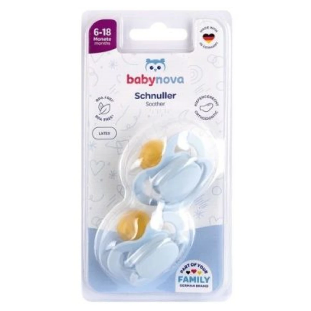 Baby-Nova, ortodontska lateks duda z obročkom - velikost 6-18 m - različni motivi (2 dudi)