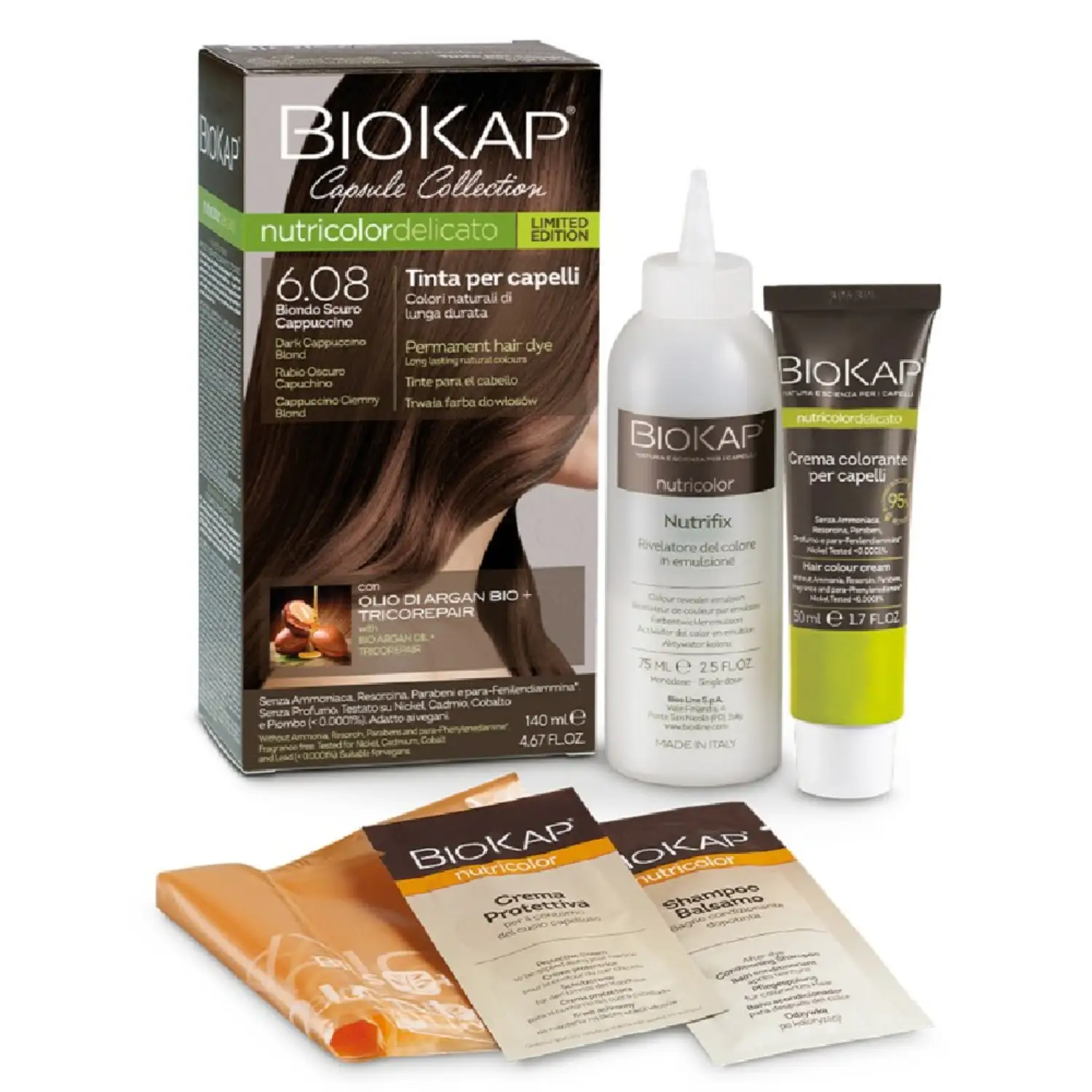 BioKap Nutricolor Delicato 6.08, set za hitro barvanje las - temno kapučino blond (1 set)