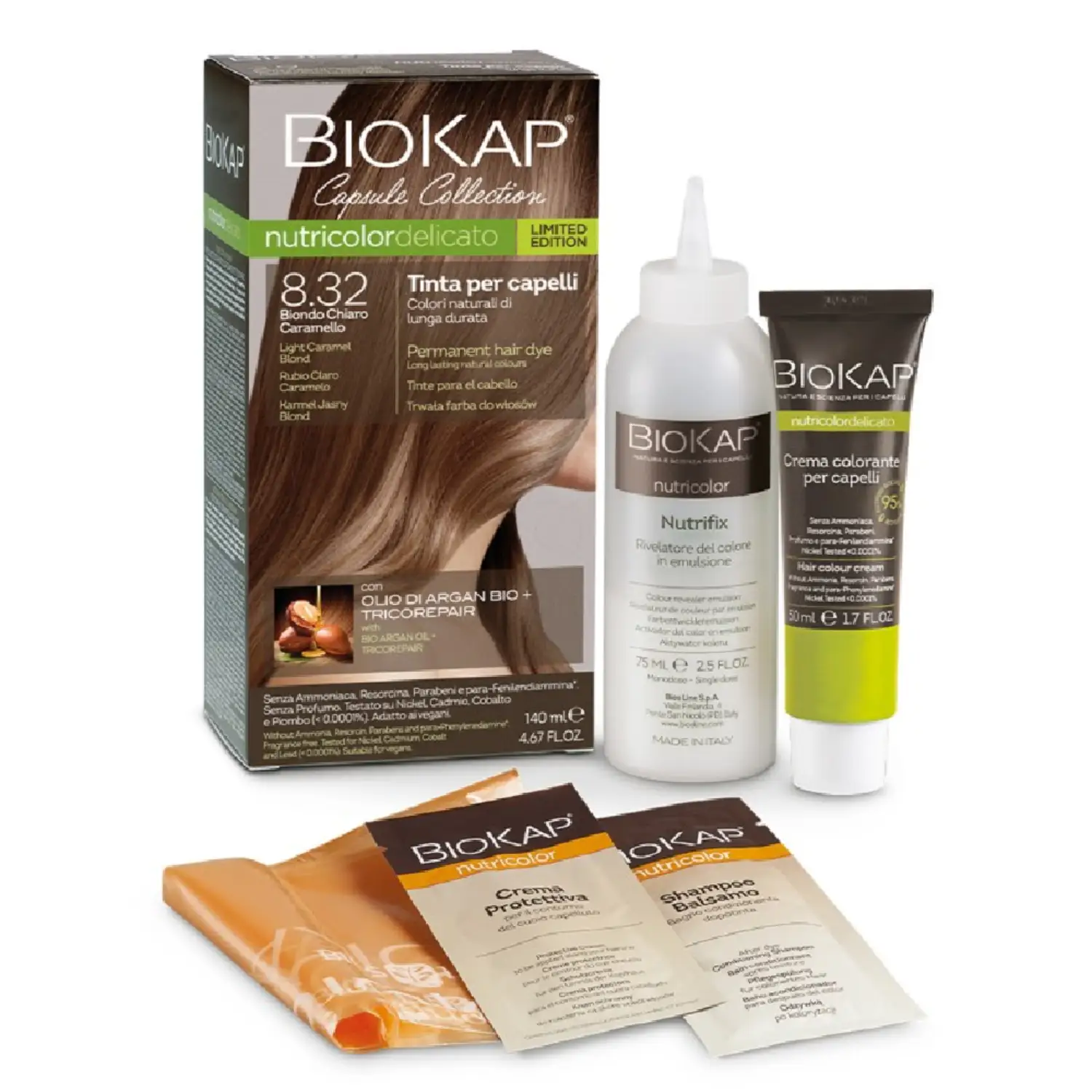 BioKap Nutricolor Delicato 8.32, set za hitro barvanje las - svetlo karamel blond (1 set)