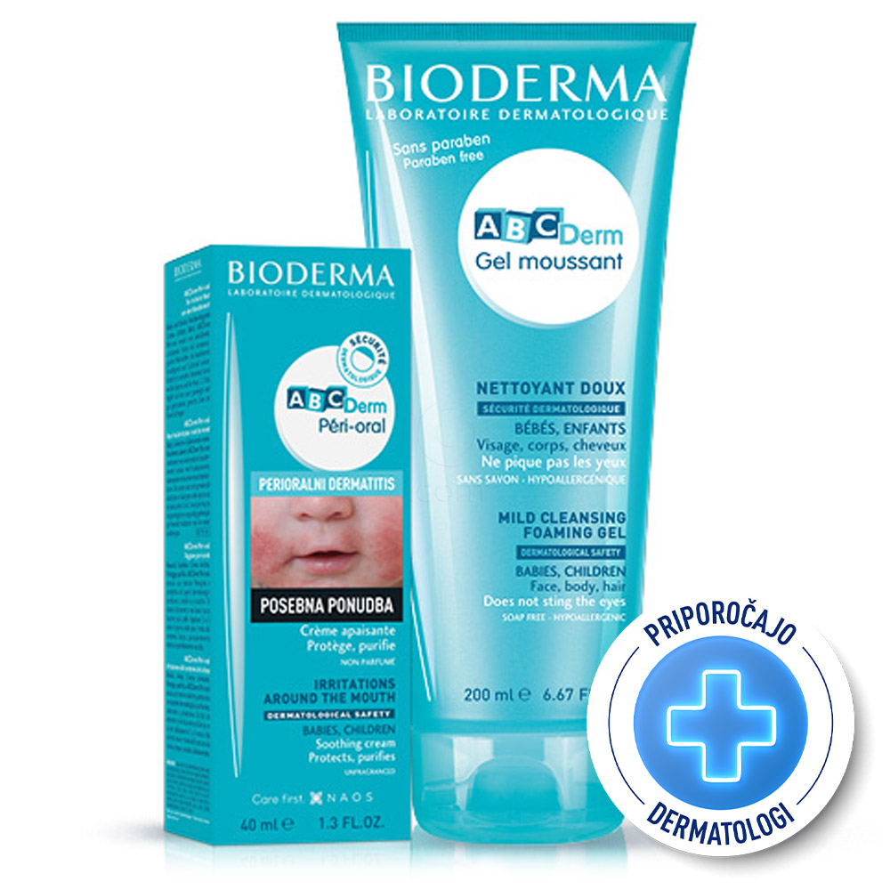 Bioderma ABCDerm, paket - peri-oral krema + Moussant čistilni gel (40 ml + 200 ml)