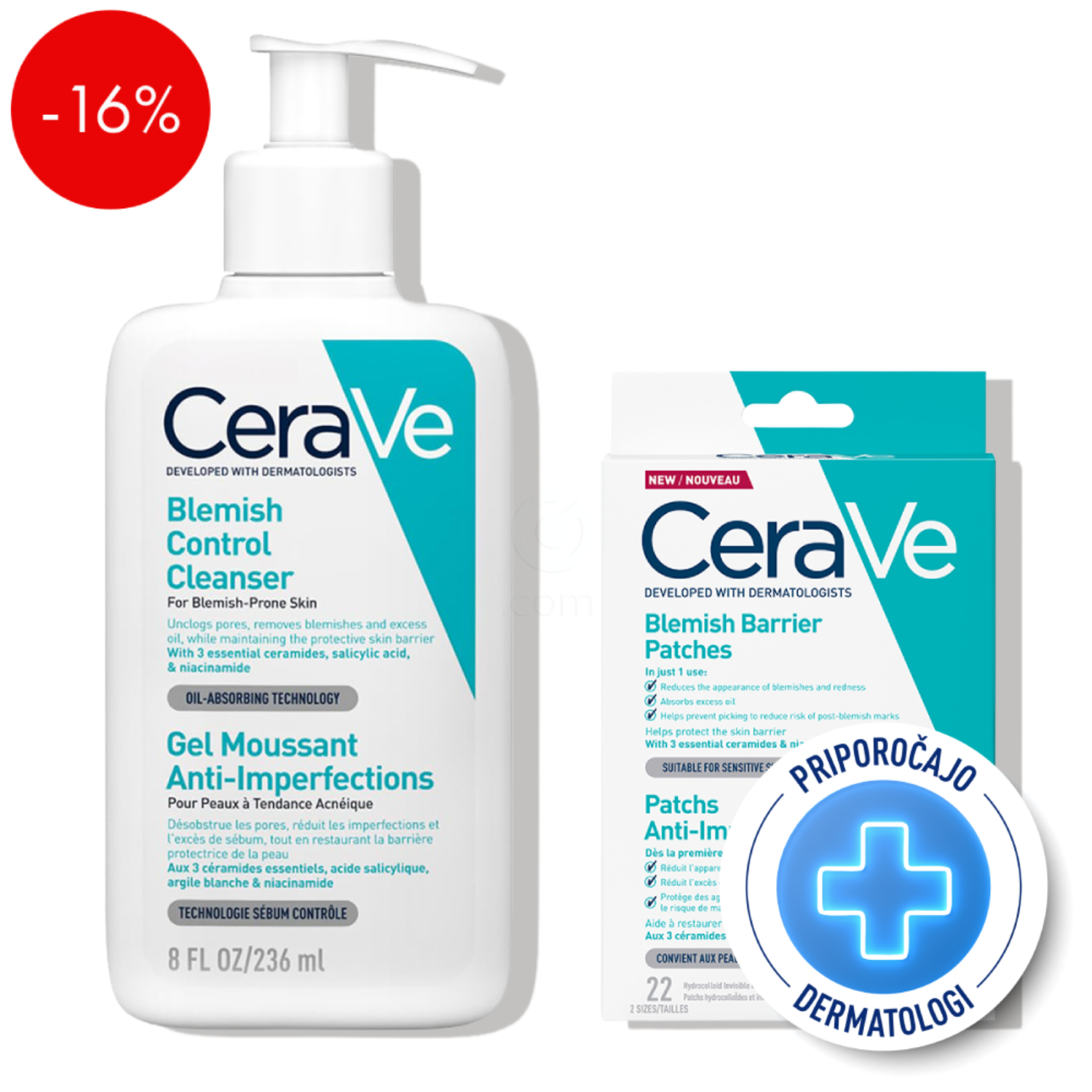 CeraVe, SOS protokol za nego kože nagnjene k aknam in nepravilnostim (236 ml + 22 obližev)