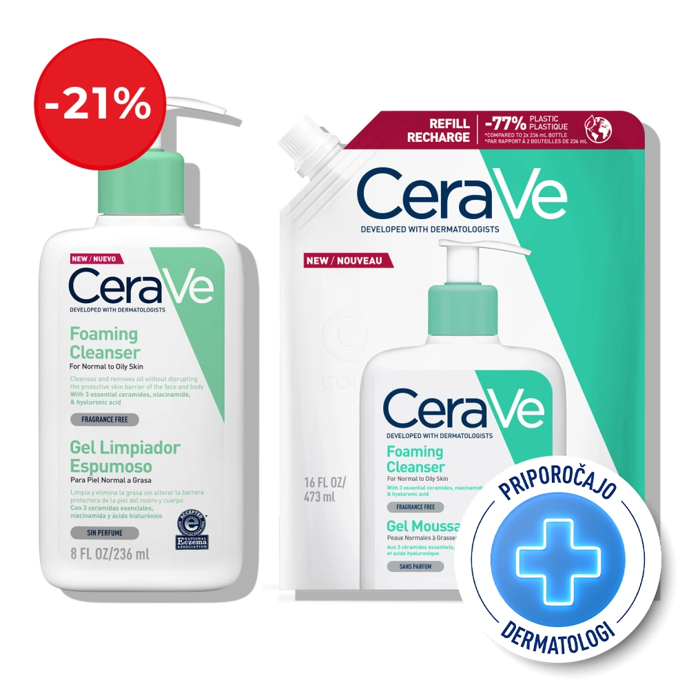 CeraVe, protokol peneči čistilni gel za obraz za normalno do mastno kožo - Refill (236 ml + 473 ml)