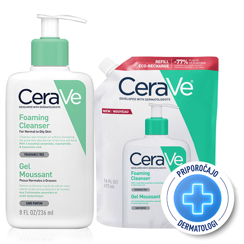 CeraVe, protokol peneči čistilni gel za obraz za normalno do mastno kožo - Refill (236 ml + 473 ml)