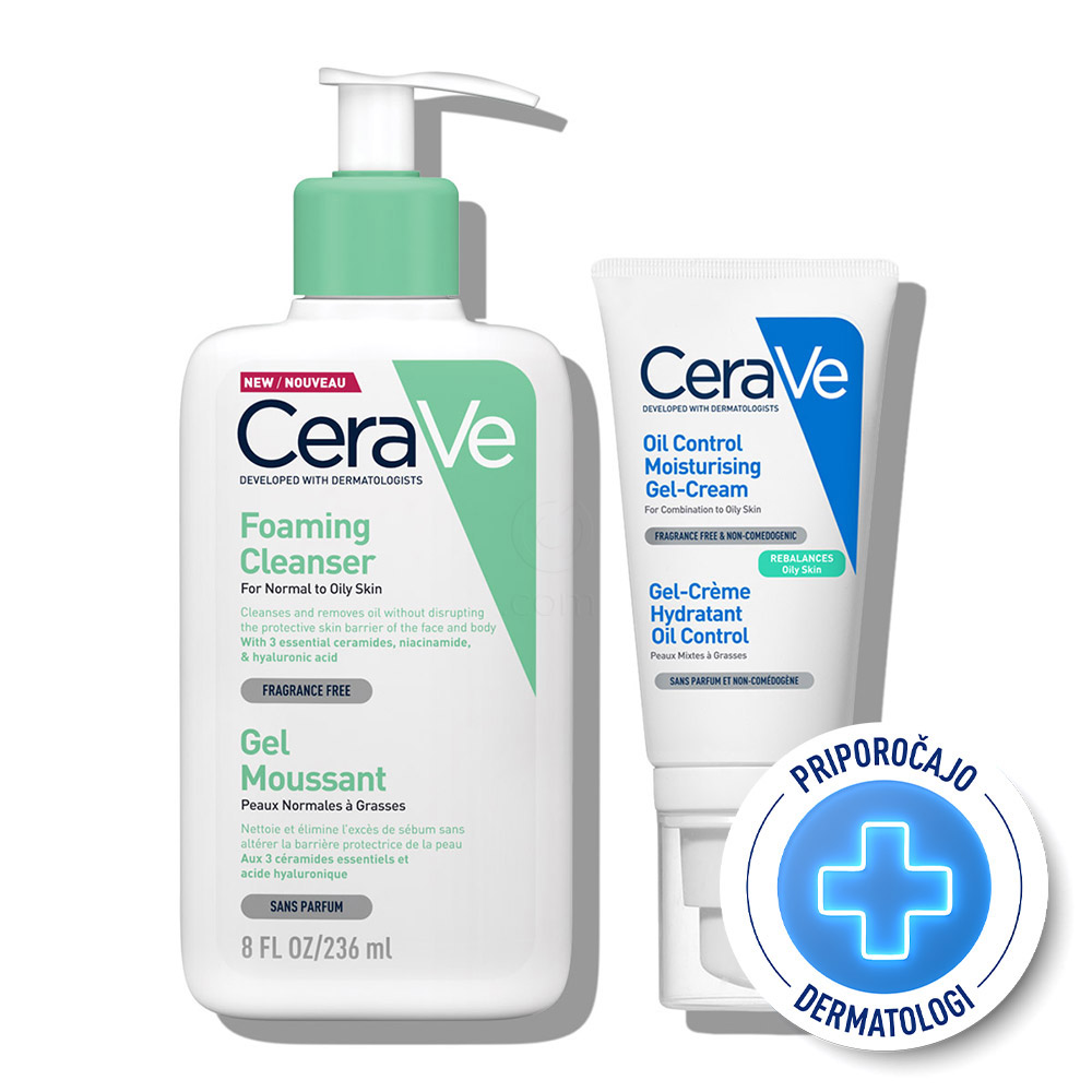 CeraVe, protokol za dnevno nego obraza za normalno do mešano kožo - Čistilni gel in kreme za obraz za mastno kožo (236 ml + 52 ml)