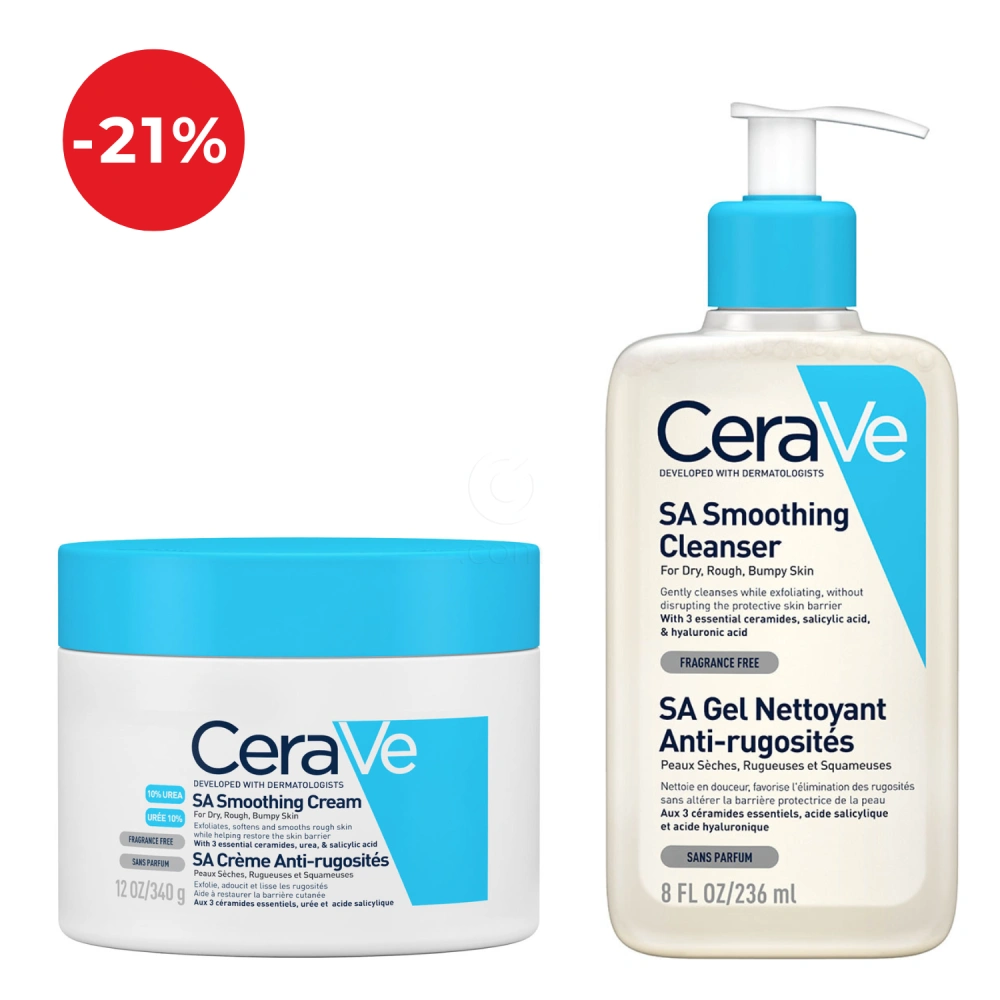 CeraVe, protokol za glajenje suhe in hrapave kože telesa - SA krema in SA čistilni gel (340 g + 236 ml)