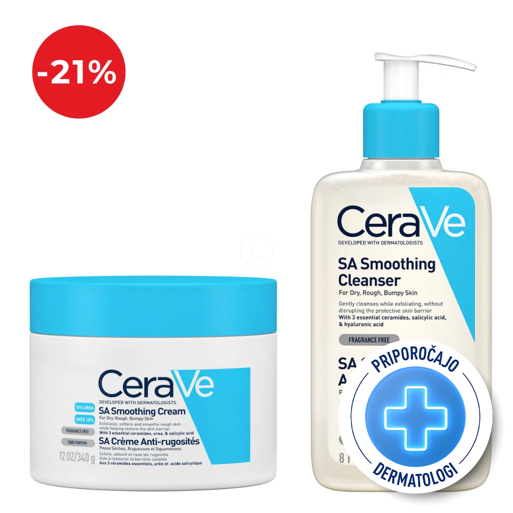 CeraVe, protokol za glajenje suhe in hrapave kože telesa - SA krema in SA čistilni gel (340 g + 236 ml)