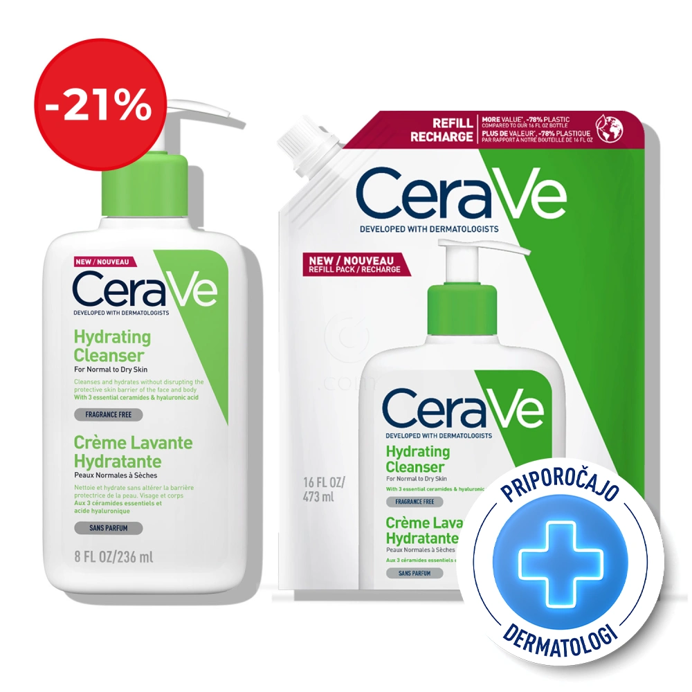 CeraVe, protokol vlažilna čistilna emulzija za obraz za normalno do suho kožo (236 ml + 473 ml)