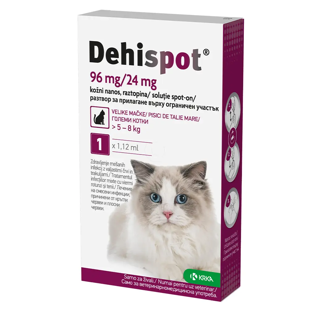 Dehispot 96 mg/24 mg Krka, kožni nanos, raztopina za velike mačke - kapalka (1 x 1,12 ml)