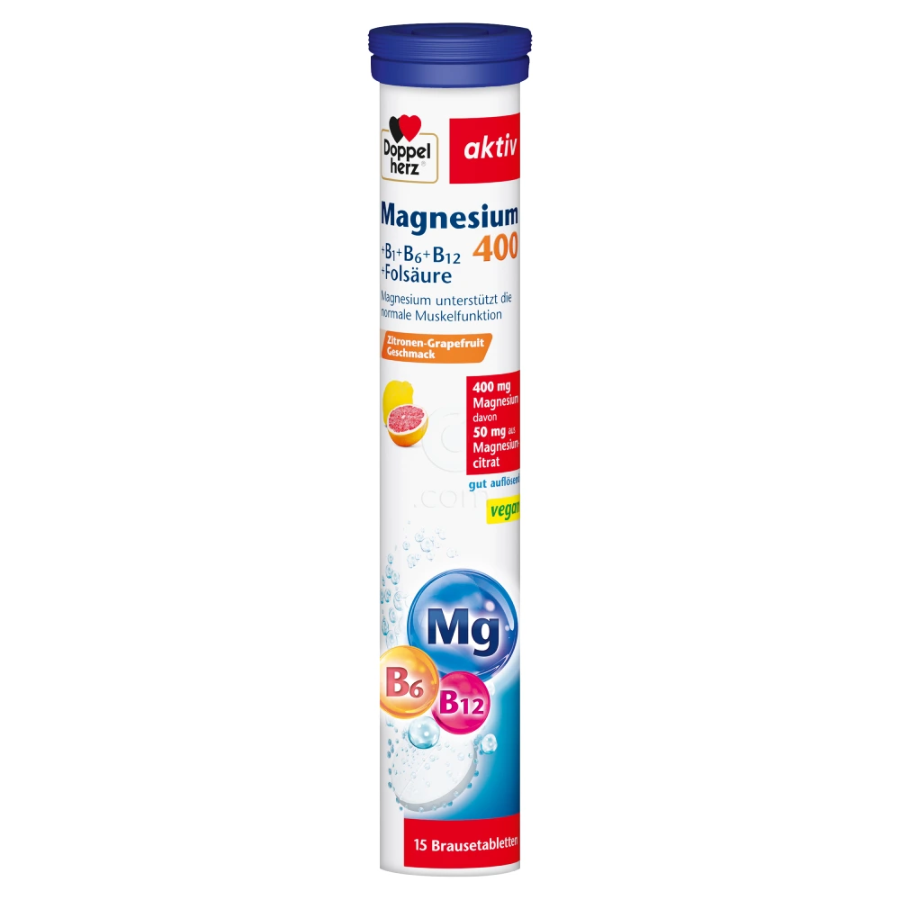 Doppelherz Aktiv Magnezij 400 + B Vitamini + Folna kislina, šumeče tablete (15 tablet)