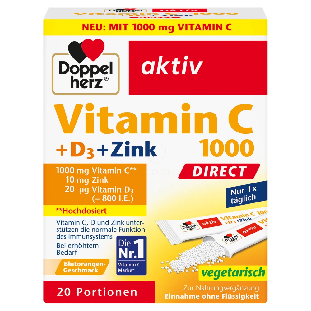 Doppelherz Aktiv Vitamin C 1000 + D3 + cink DIREKT, prašek v vrečkah (20 vrečk)