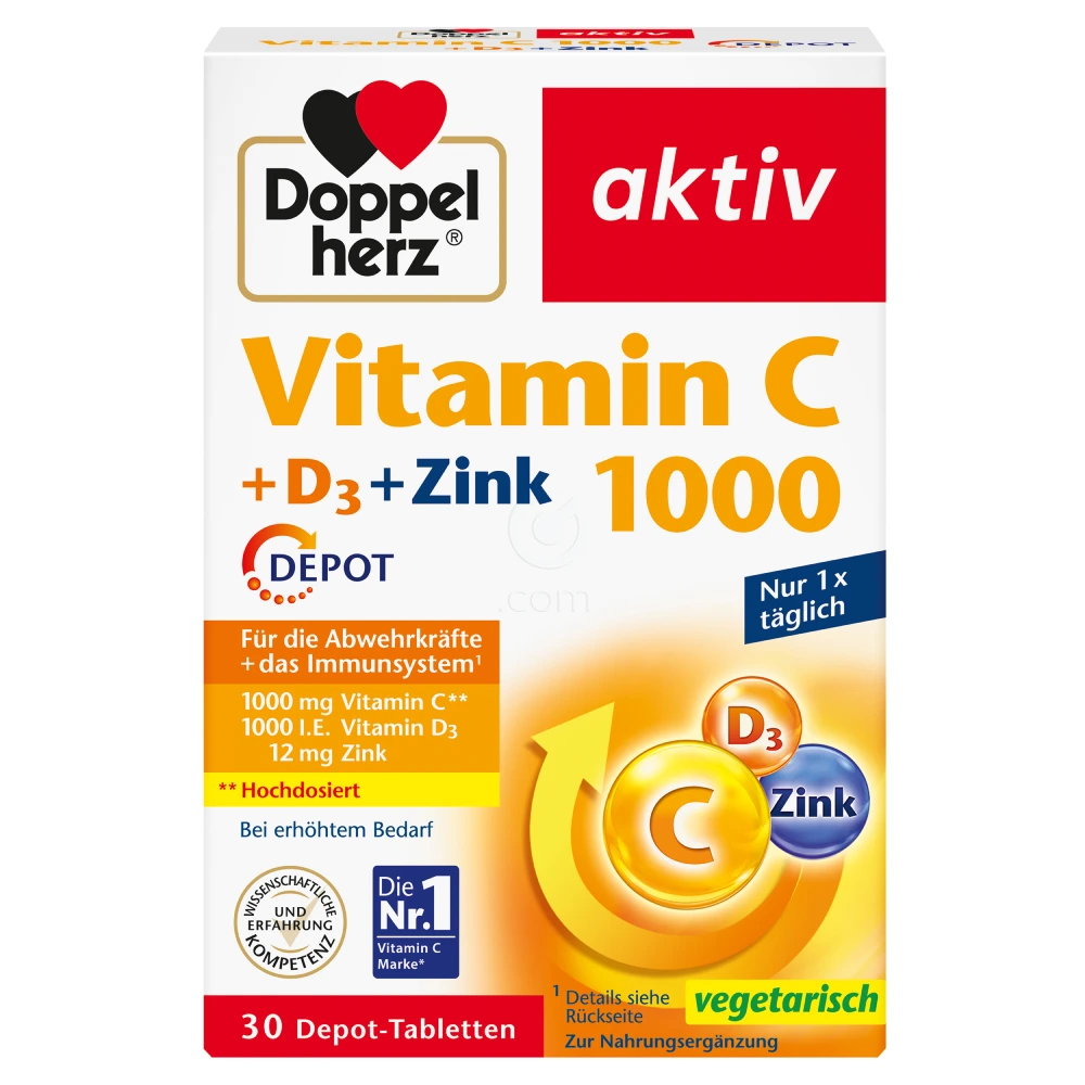 Doppelherz Aktiv Vitamin C 1000 + Vitamin D3 + Cink Depot, tablete s podaljšanim sproščanjem (30 tablet)