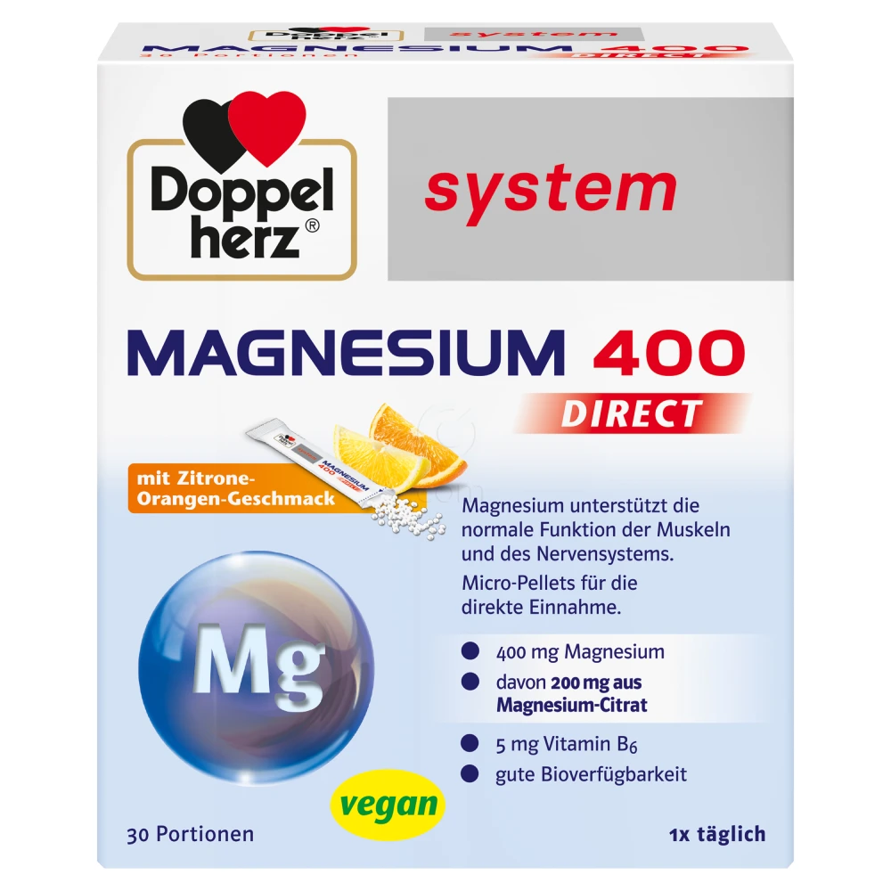 Doppelherz System Magnezij 400 Direkt, zrnca v vrečkah (30 x 4 g)