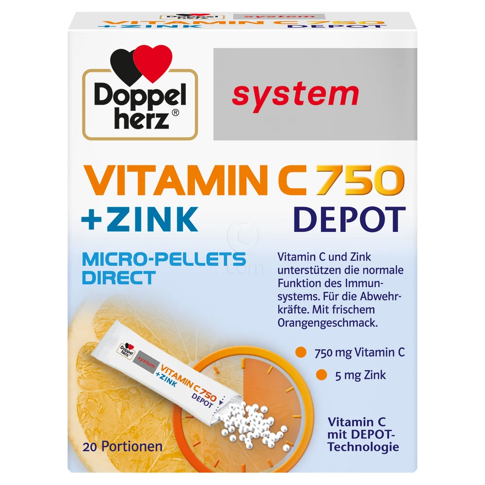 Doppelherz System Vitamin C 750 + Cink Depot Direkt, zrnca v vrečkah (20 vrečk)
