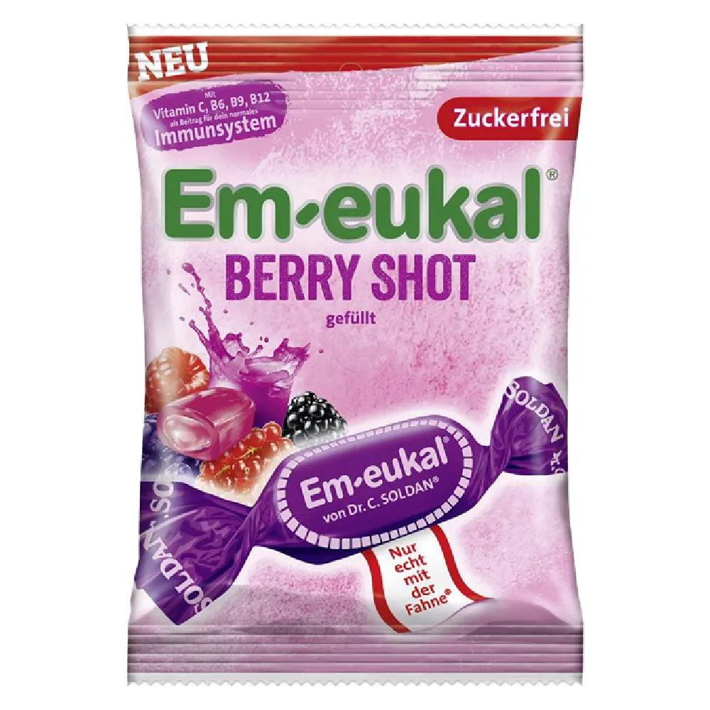 Dr. C. Soldan Em-Eukal Berry Shot, trdi polnjeni sadni bonboni (75 g)