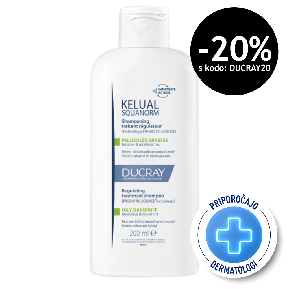 Ducray Kelual Squanorm, regulirajoči tretma šampon proti mastnemu prhljaju (200 ml)