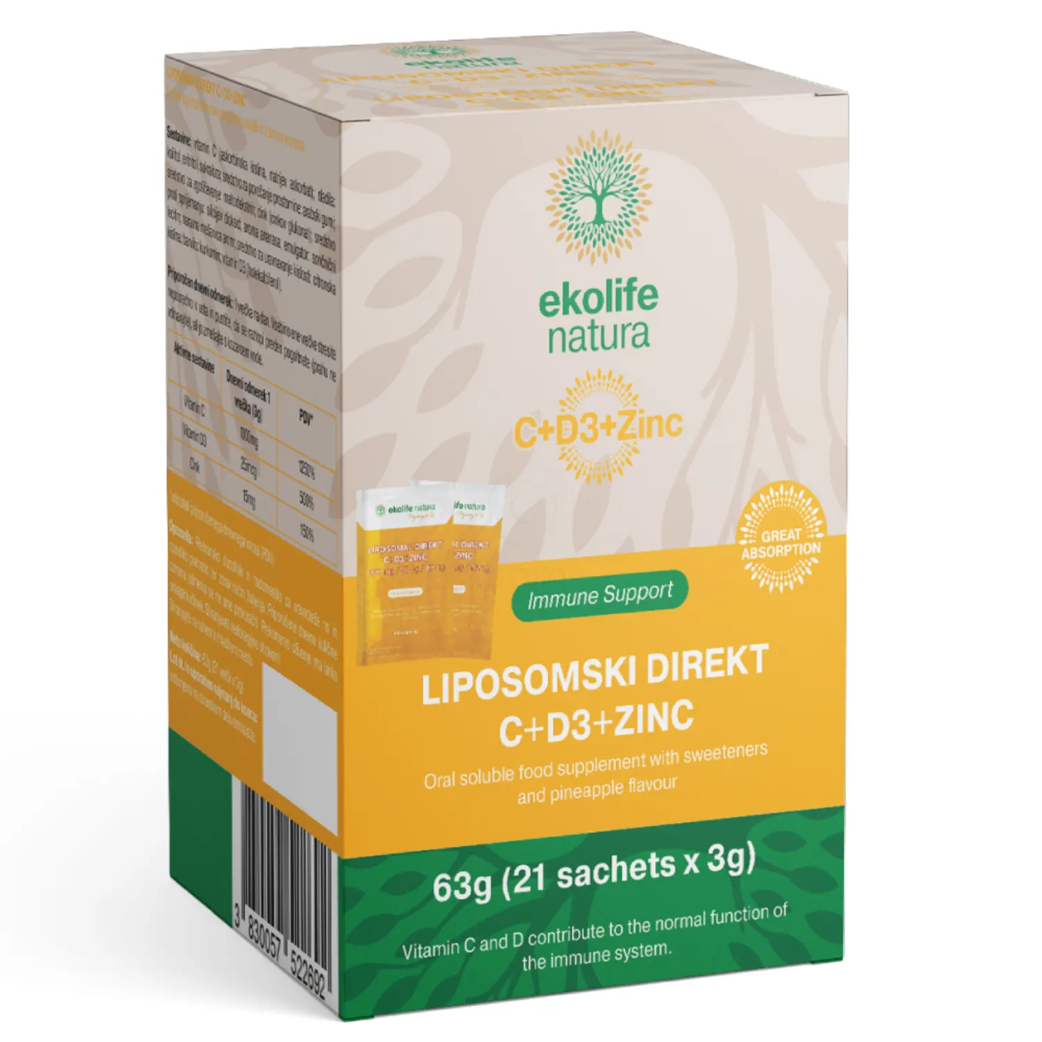 Ekolife Natura Liposomski Direkt C+D3+Cink, prašek v vrečkah (21 x 3 g)
