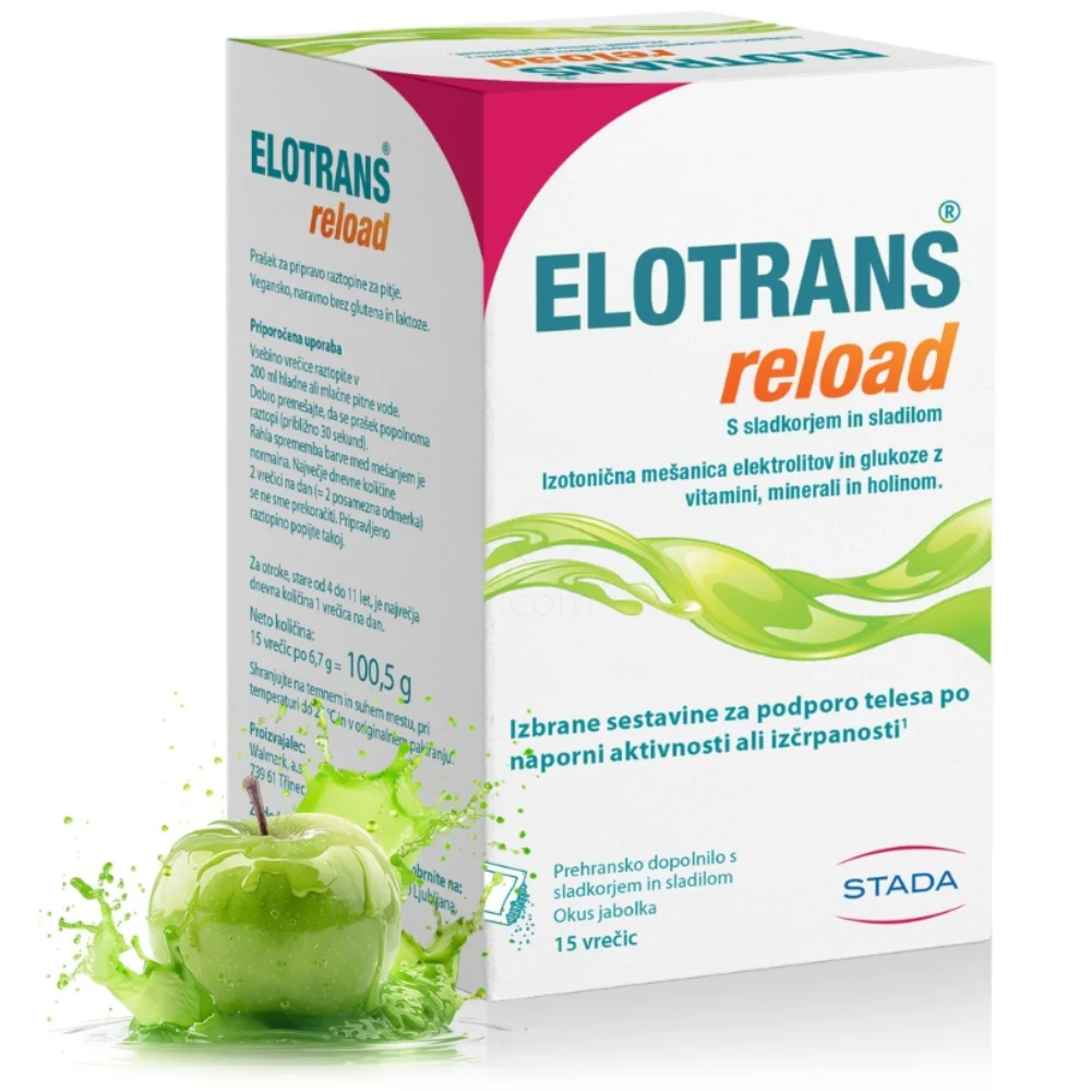Elotrans reload, izotonična mešanica elektrolitov in glukoze - okus jabolko - vrečke (15 x 6,7 g)