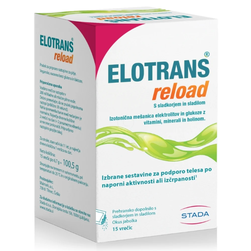 Elotrans reload, izotonična mešanica elektrolitov in glukoze - okus jabolko - vrečke (15 x 6,7 g)