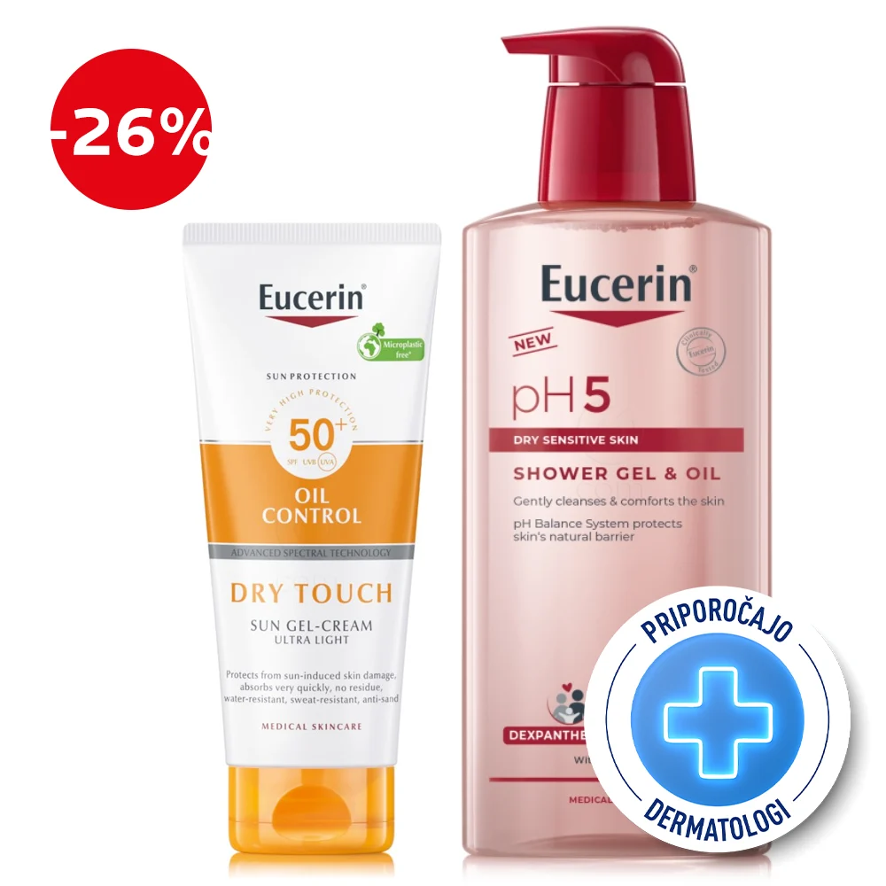 Eucerin Sun in pH5, paket - Oil Control kremni gel - ZF50+ + Oljni gel za prhanje (200 ml + 400 ml)