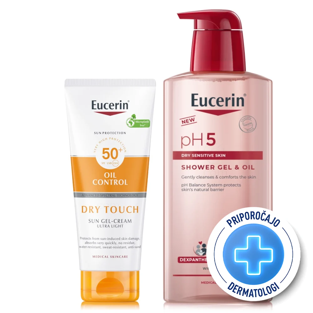 Eucerin Sun in pH5, paket - Oil Control kremni gel - ZF50+ + Oljni gel za prhanje (200 ml + 400 ml)