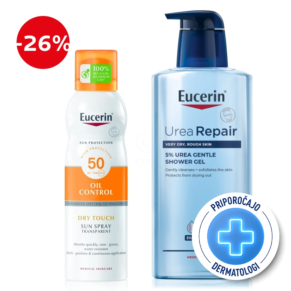 Eucerin Sun in UreaRepair, paket: Dry Touch sprej - ZF50 + gel za prhanje (200 ml + 400 ml)