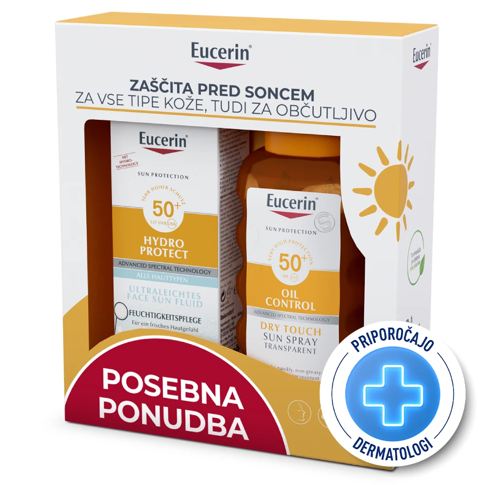 Eucerin Sun, paket lahka zaščita pred soncem - transparentno pršilo + lahek fluid ZF50+ (50 ml + 200 ml)