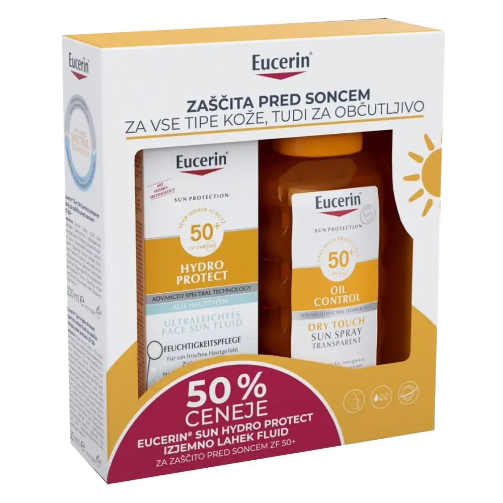Eucerin Sun, paket lahka zaščita pred soncem - transparentno pršilo + lahek fluid ZF50+ (50 ml + 200 ml)