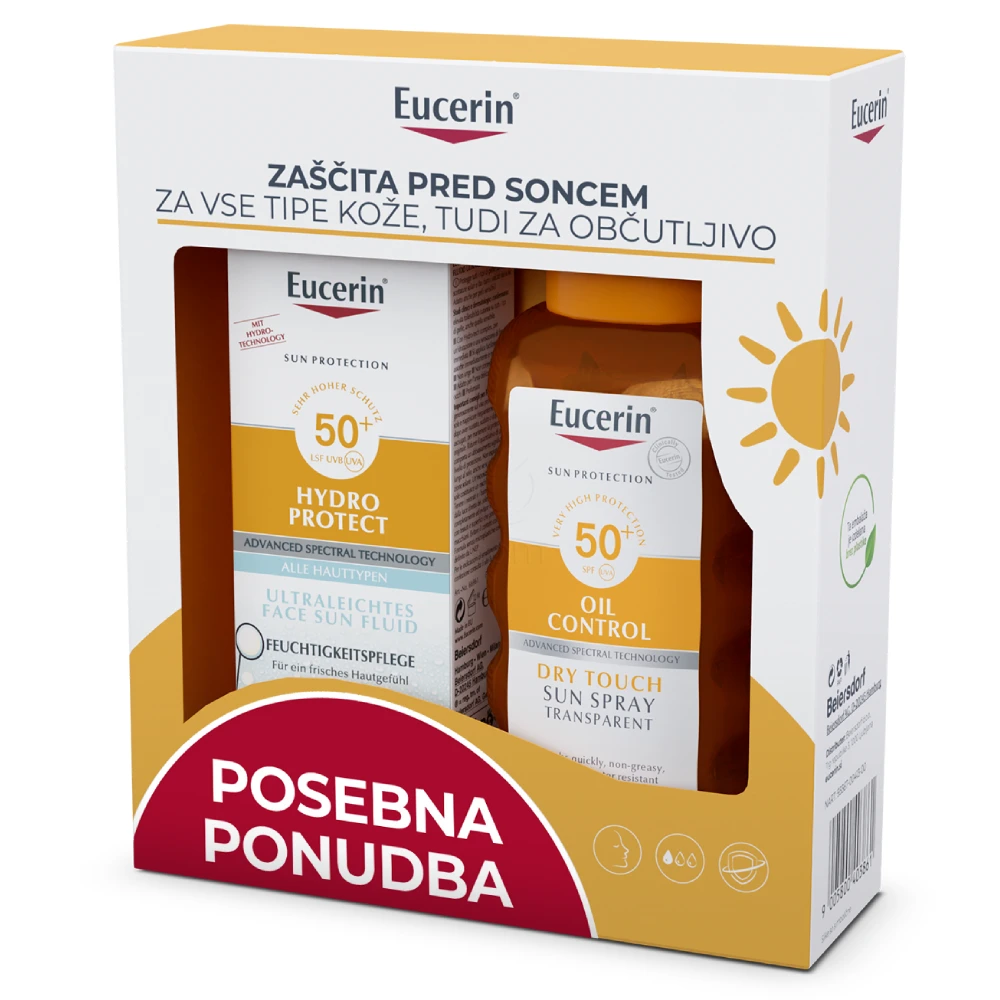 Eucerin Sun, paket lahka zaščita pred soncem - transparentno pršilo + lahek fluid ZF50+ (50 ml + 200 ml)