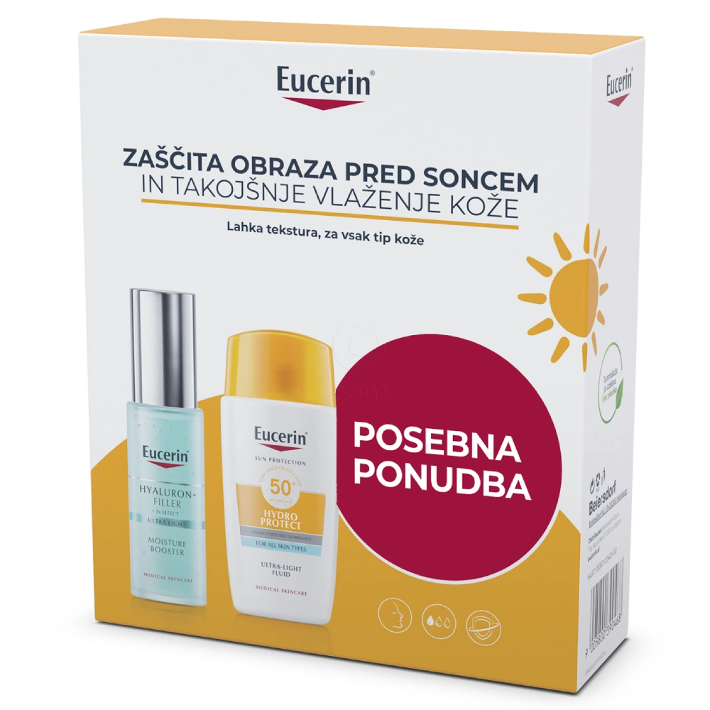Eucerin Sun, paket za intenzivno hidracijo kože in zaščito pred soncem - ZF50+ (30 ml + 50 ml)
