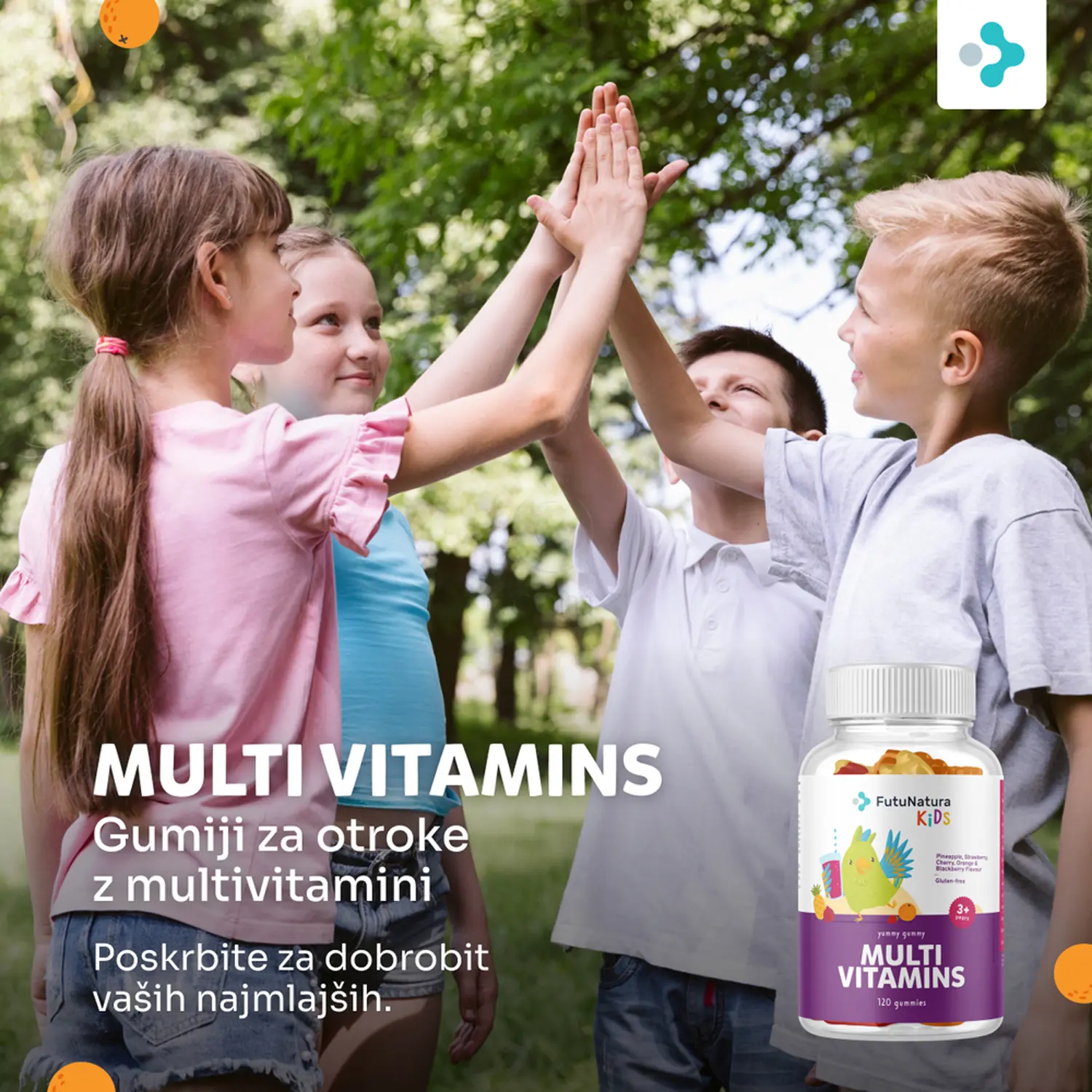 FutuNatura KIDS MULTI VITAMINS - vitamini A, C, D3, E, B-kompleks, jod, cink, inozitol in lutein