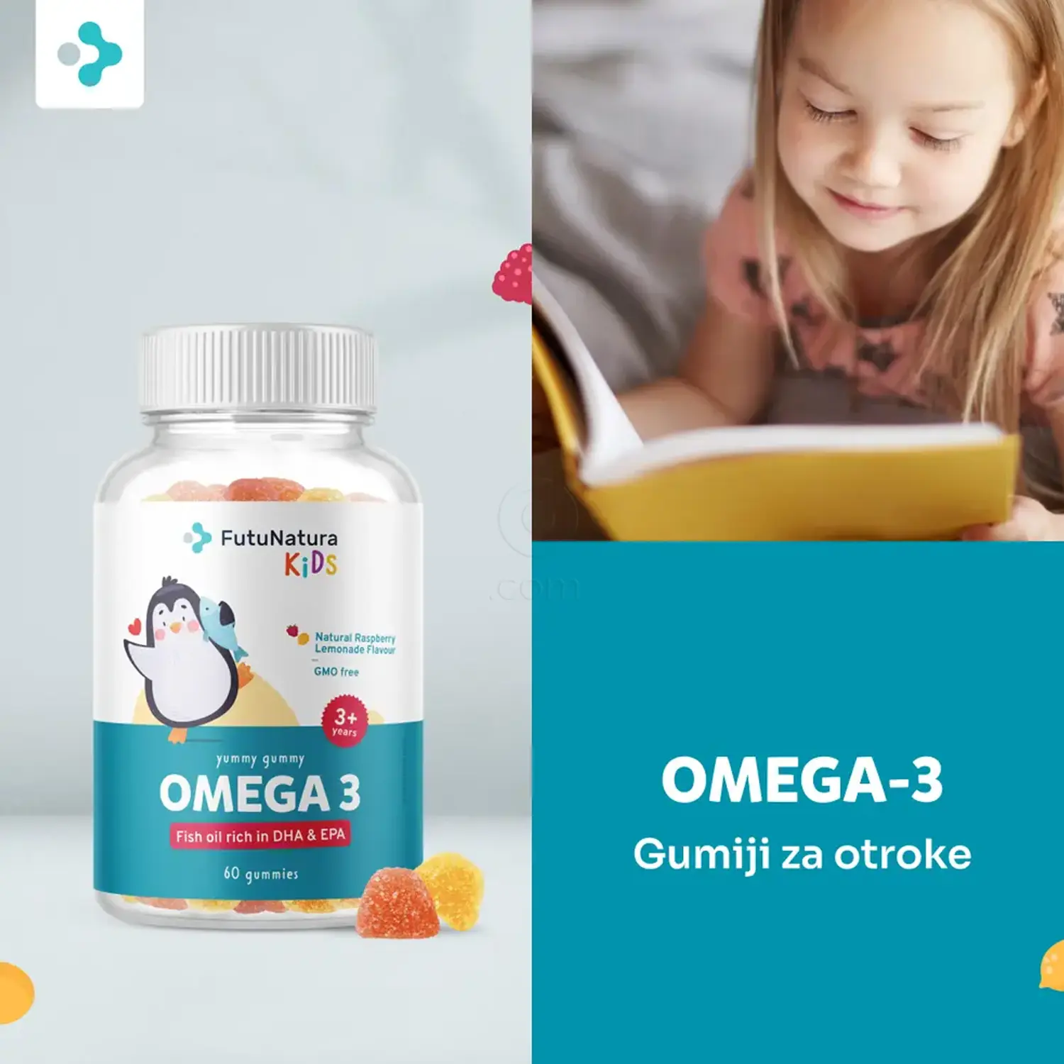 1. FutuNatura KIDS OMEGA-3 Gumiji za otroke - prehransko dopolnilo z omega-3 maščobnimi kislinami v obliki gumi bonbonov 2. FutuNatura KIDS OMEGA-3 Gumiji za otroke - omega-3 (DHK/EPK) ter vitamini A, D3 in E na gumi bonbon 3. FutuNatura KIDS OMEGA-3 za otroke od 3. leta - vitamin A prispeva k ohranjanju normalnega vida 4. FutuNatura KIDS OMEGA-3 Gumiji za otroke - 60 gumi bonbonov z okusom malinove limonade, neto 168 g
