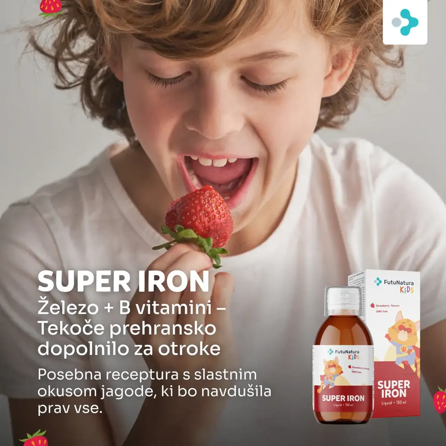 FutuNatura KIDS Super Iron - železo 13,2 mg in vsi vitamini B kompleksa v 20 ml dnevnega odmerka