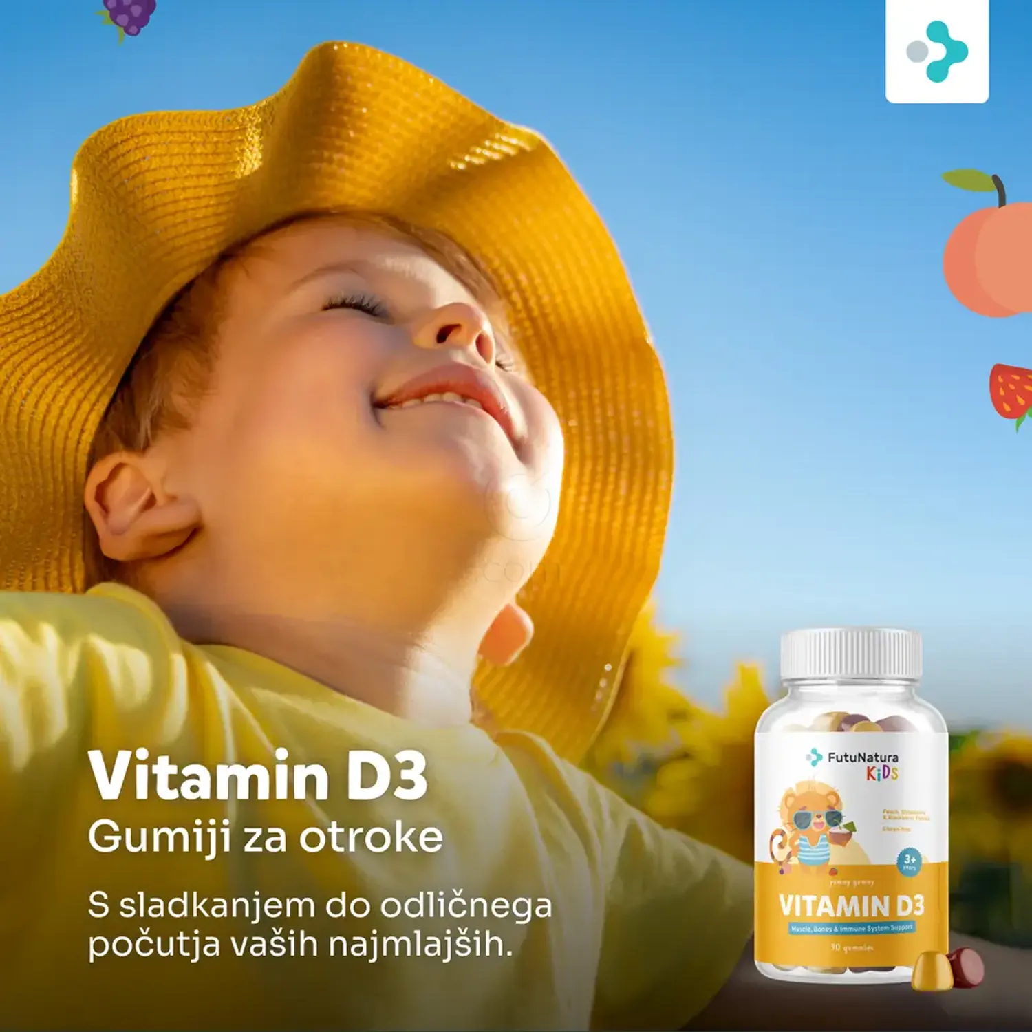 FutuNatura KIDS Vitamin D3 - Gumiji za otroke, 25 µg vitamina D3 v enem gumi bonbonu