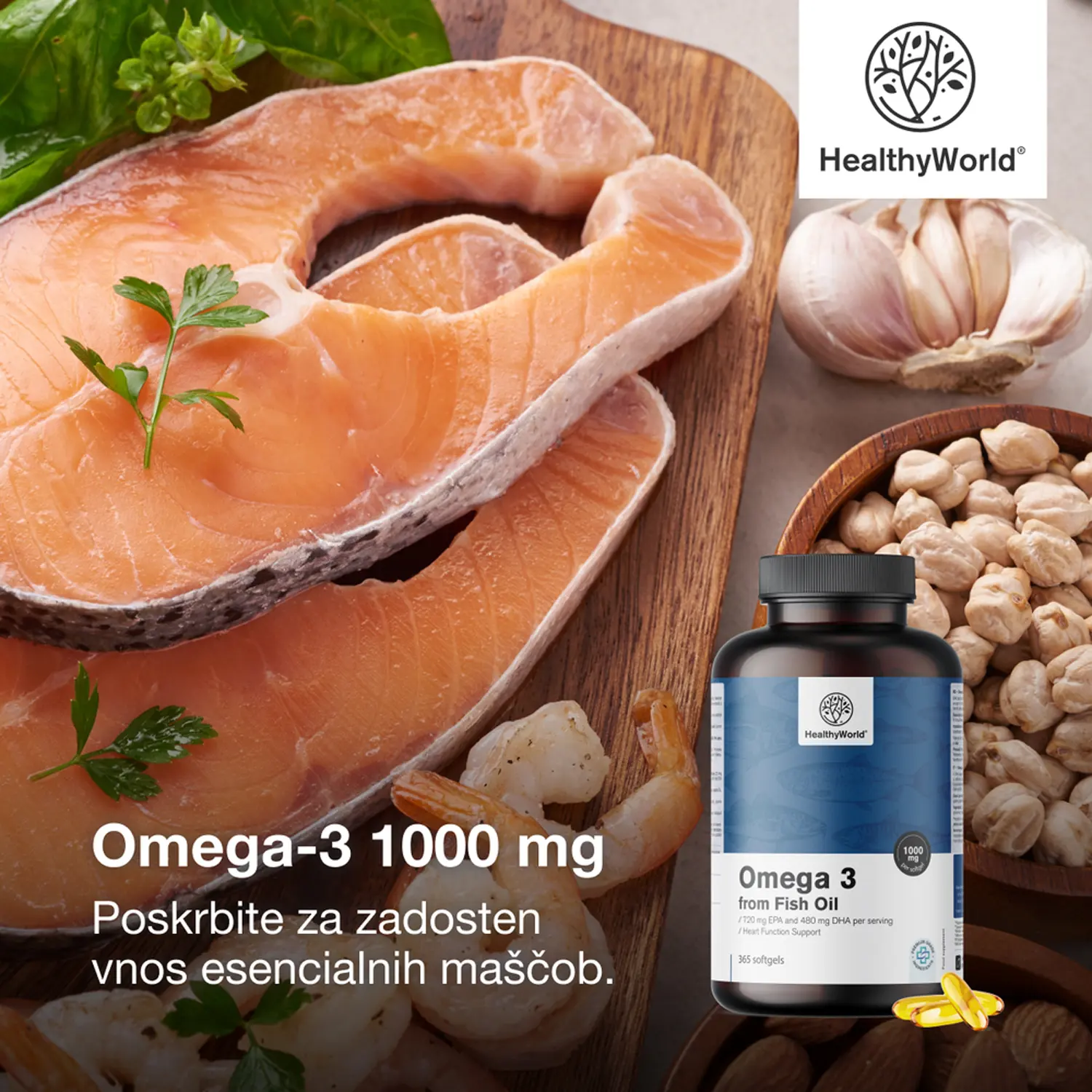 HealthyWorld Omega-3 1000 mg, mehke kapsule (365 kapsul)