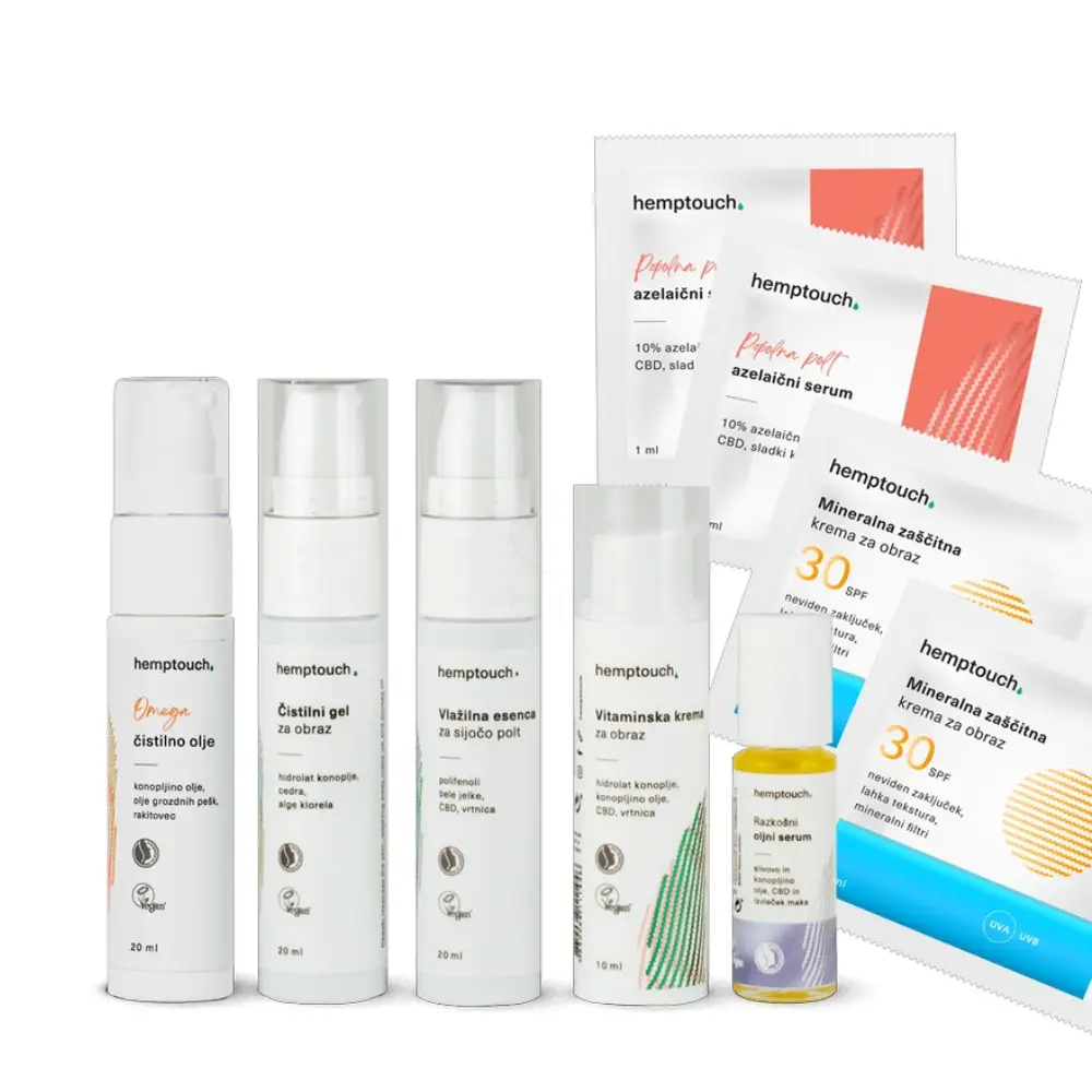 Hemptouch Raziskovalni set, anti-age vlažilna nega (3 x 20 ml + 10 ml + 5 ml + 2 x 2 ml + 2 x 1 ml)