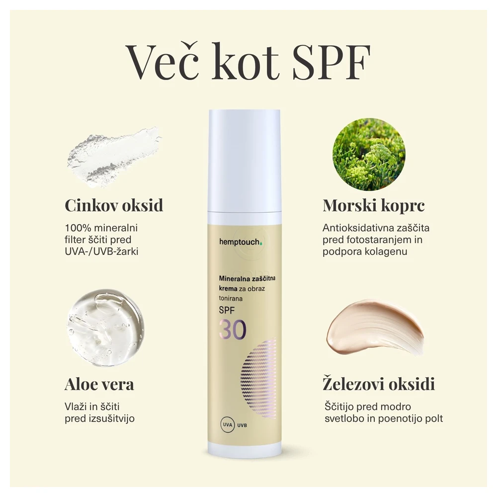 Hemptouch, tonirana mineralna zaščitna krema za obraz ZF 30 (50 ml)