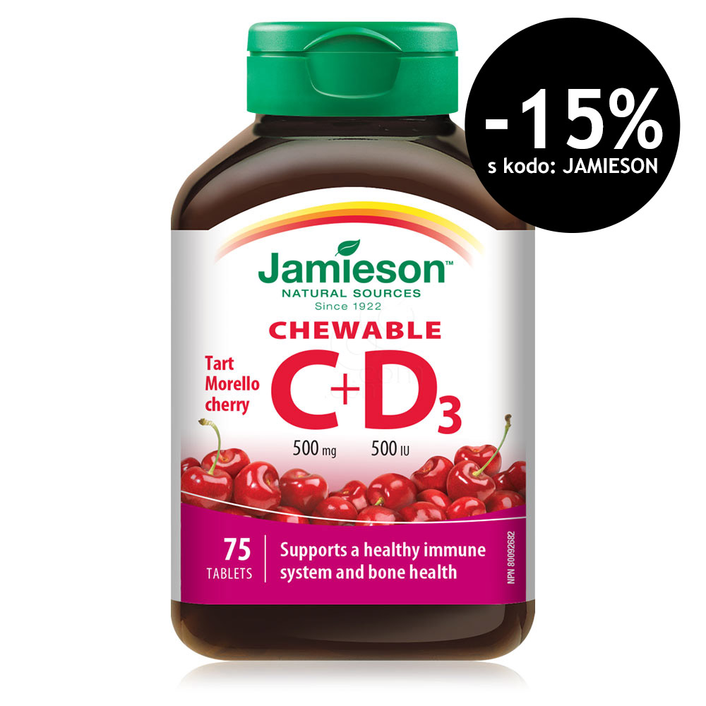 Jamieson Vitamin C in D, žvečljive tablete z naravnim okusom češnje (75 tablet)