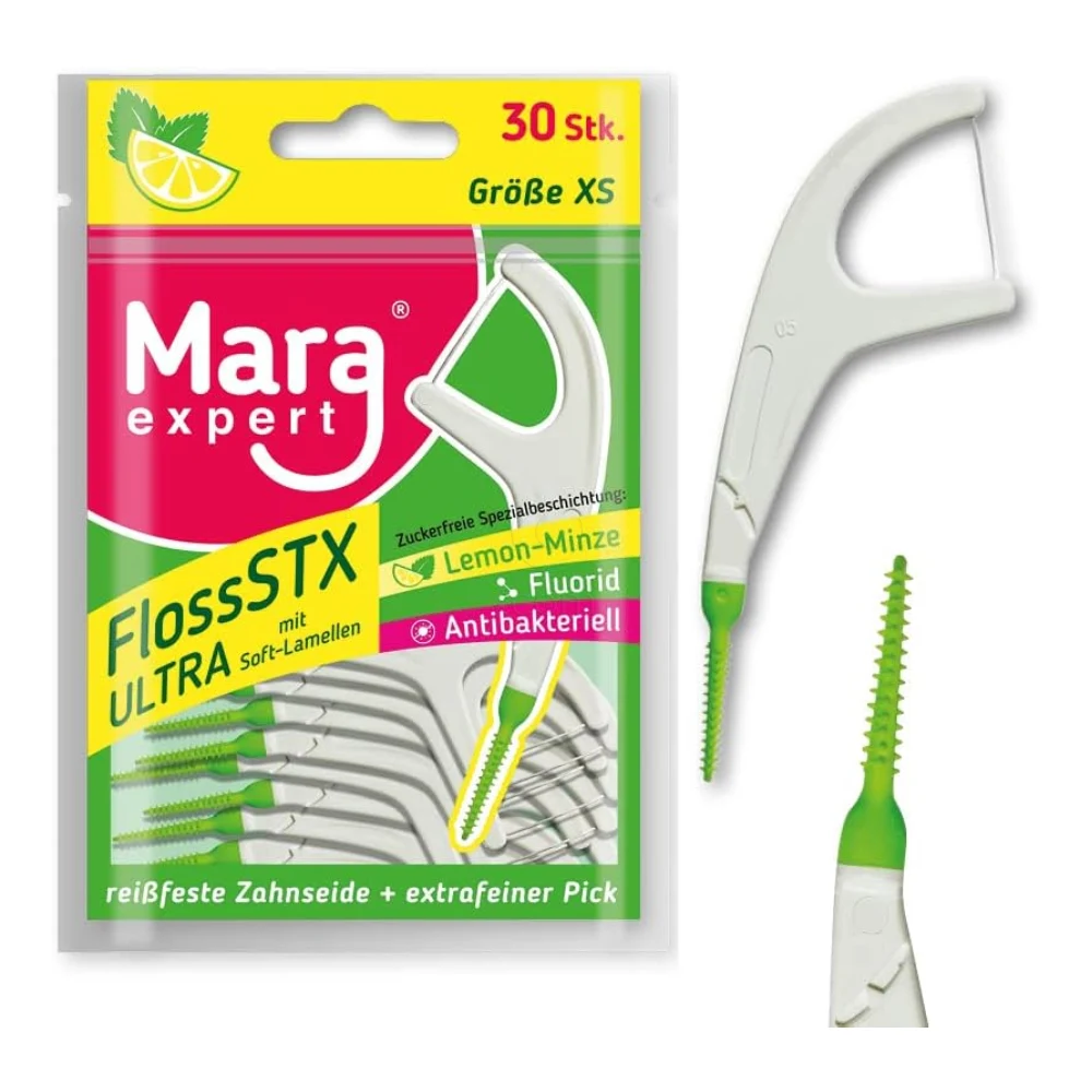 Mara Expert Flossstx Ultra, zobna nitka z zobotrebcem - okus  limona- meta (30 zobnih nitk)