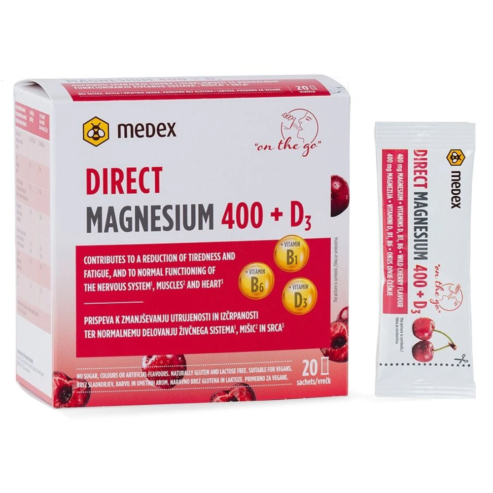 Medex Magnezij 400 Direct Divja češnja, prašek v vrečkah (20 x 2,2 g)