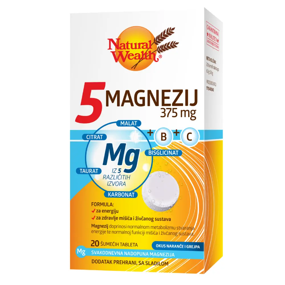 Natural Wealth 5 Magnezij 357 mg + B + C, šumeče tablete (20 šumečih tablet)