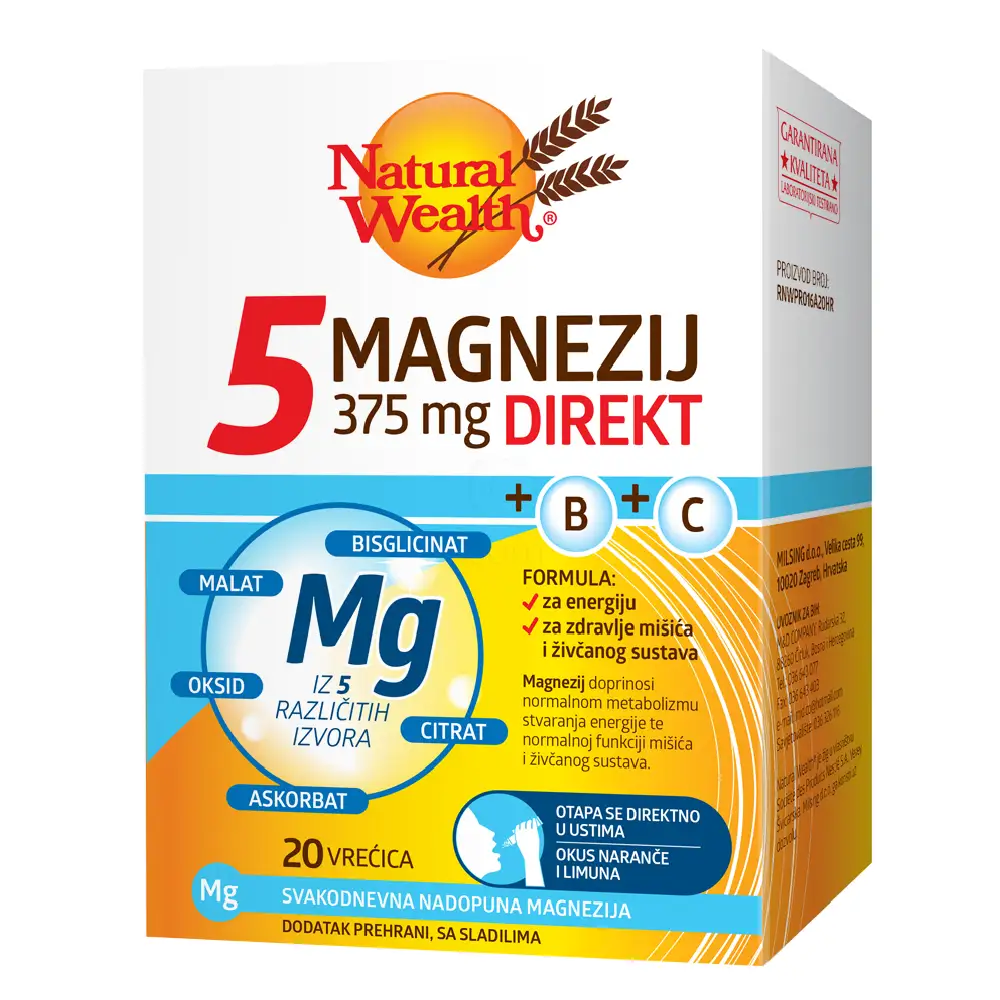 Natural Wealth 5 Magnezij 357 mg DIREKT + B + C, vrečke (20 vrečk)