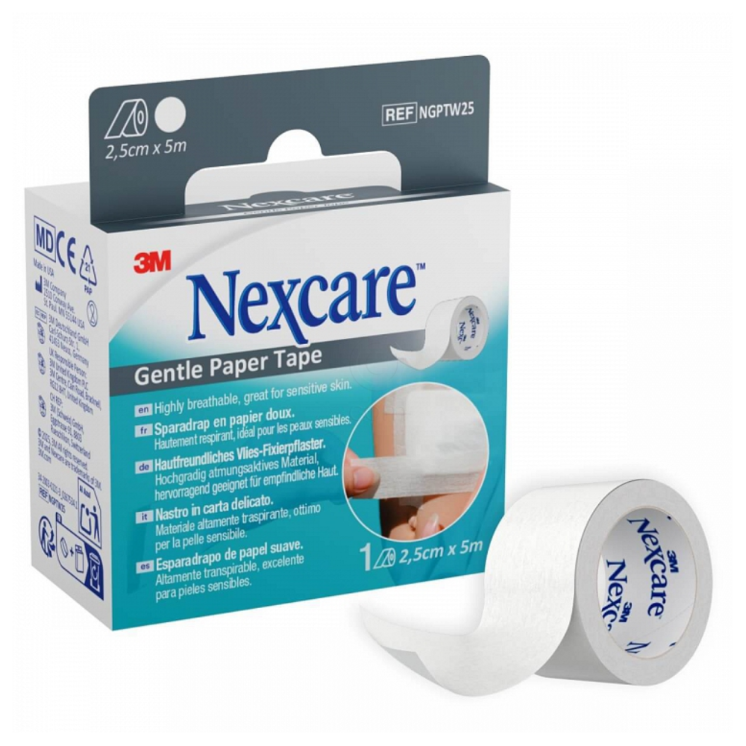 Nexcare, papirni lepilni trak - 2,5 cm x 5 m - bel (1 trak)