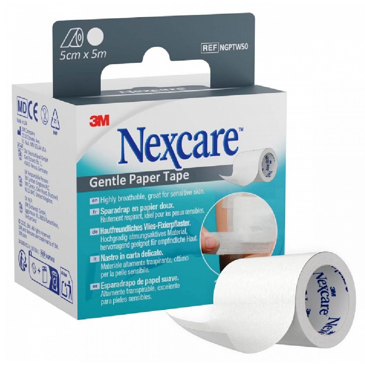 Nexcare, papirni lepilni trak - 5 cm x 5 m - bel (1 trak)