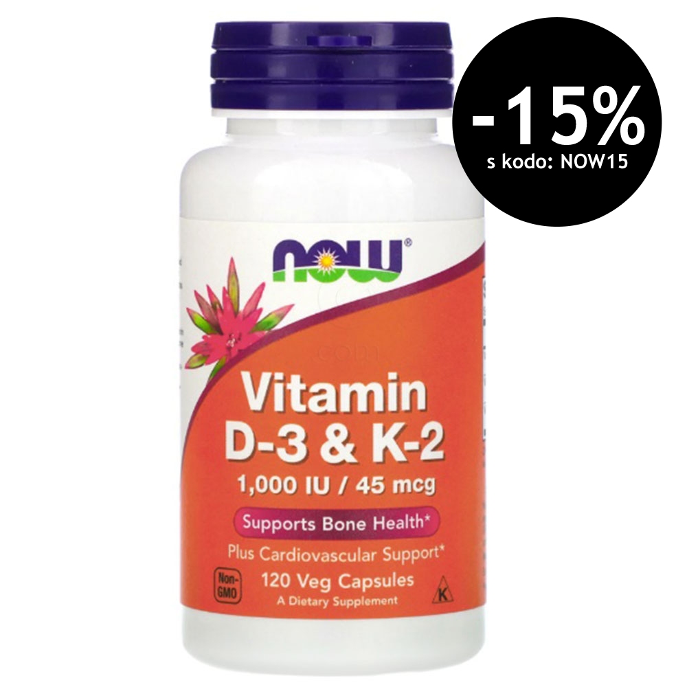 NOW Vitamin D3 & K2 1000 IE 45 µg, vegetarijanske kapsule (120 kapsul)