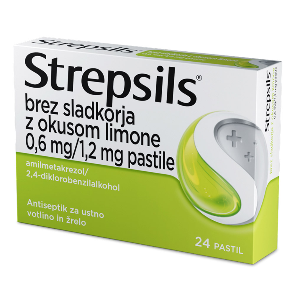 Strepsils brez sladkorja z okusom limone 0,6 mg/1,2 mg pastile (24 pastil)