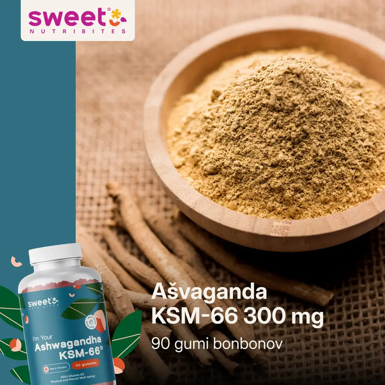 Sweet Nutribites Ašvaganda KSM-66 300 mg, gumijasti bonboni (90 bonbonov)