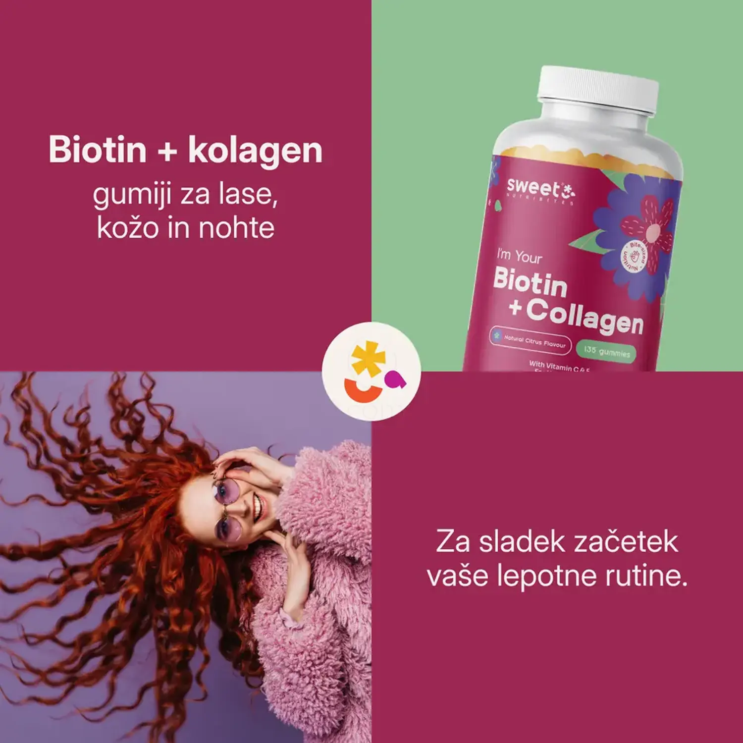 Sweet Nutribites Biotin + kolagen - biotin 2500 µg, vitamin C, vitamin E in kolagen v dnevnem odmerku
